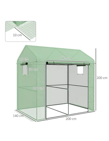 Outsunny Greenhouse, Walk-in Garden Grow House with Roll-up Door and Mesh Windows, 200 x 140 x 200cm, Green