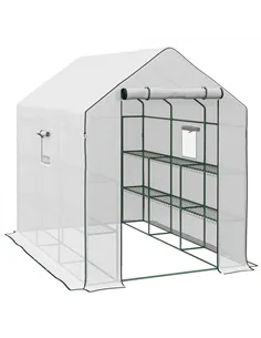 Outsunny Walk-in Greenhouse with 3 Tier 12 Shelves, Small Greenhouse with Reinforced PE Cover, Garden Plant Growhouse with Roll-