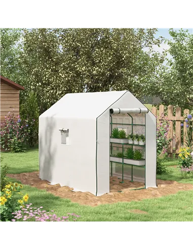 Outsunny Walk-in Greenhouse with 3 Tier 12 Shelves, Small Greenhouse with Reinforced PE Cover, Garden Plant Growhouse with Roll-
