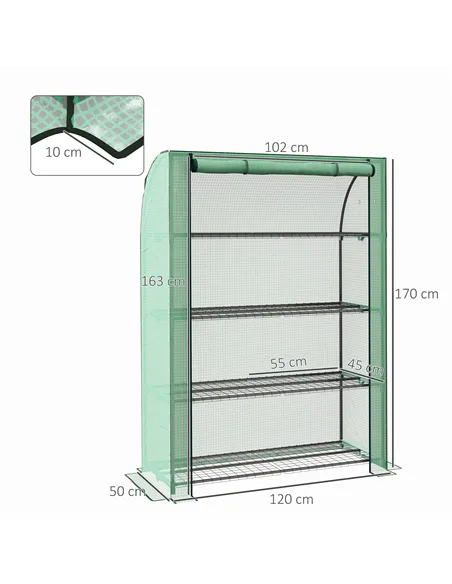 Outsunny 4 Tier Mini Greenhouse with Reinforced PE Cover, Portable Indoor Outdoor Green House with Roll-up Door and Wire Shelves