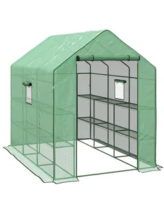 Outsunny Walk-in Greenhouse with 3 Tier 12 Shelves, Small Greenhouse with Reinforced PE Cover, Garden Plant Growhouse with Roll-
