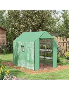 Outsunny Walk-in Greenhouse with 3 Tier 12 Shelves, Small Greenhouse with Reinforced PE Cover, Garden Plant Growhouse with Roll- 2