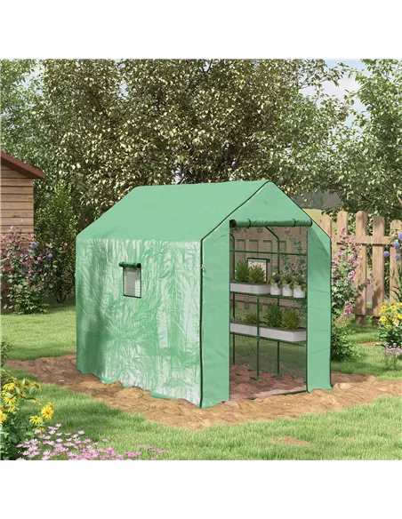 Outsunny Walk-in Greenhouse with 3 Tier 12 Shelves, Small Greenhouse with Reinforced PE Cover, Garden Plant Growhouse with Roll-