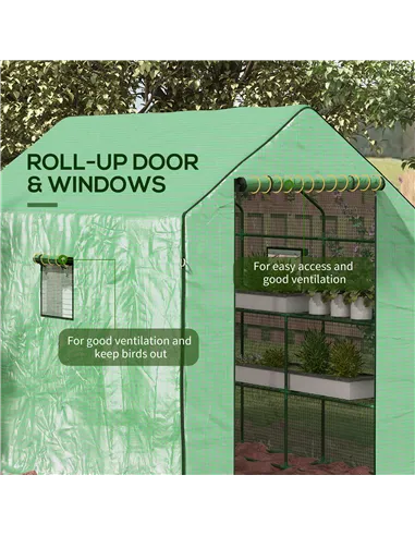 Outsunny Walk-in Greenhouse with 3 Tier 12 Shelves, Small Greenhouse with Reinforced PE Cover, Garden Plant Growhouse with Roll-