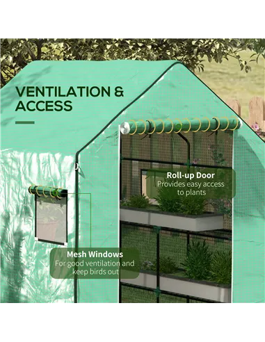 Outsunny Greenhouse Cover Replacement Walk-in PE Hot House Cover with Roll-up Door and Windows, 140 x 143 x 190cm, Green
