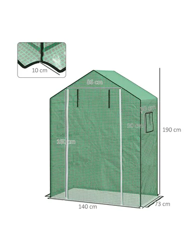 Outsunny Greenhouse Cover Replacement Walk-in PE Hot House Cover with Roll-up Door and Windows, 140 x 73 x 190cm, Green