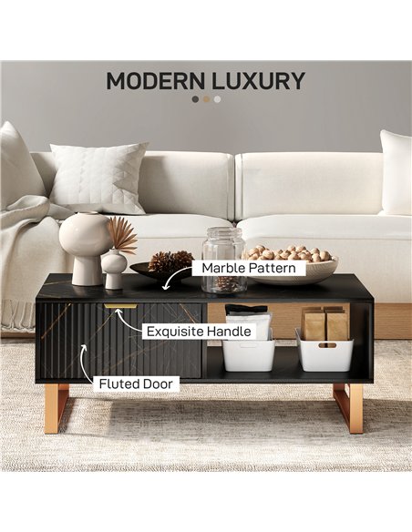 HOMCOM Elegant Marble Effect Storage Coffee Table - Black