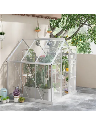 Outsunny 6 x 6ft Walk-In Greenhouse, Polycarbonate Greenhouse with Sliding Door, Window, Aluminium Frame, Foundation, Silver