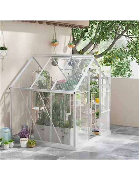Outsunny 6 x 6ft Walk-In Greenhouse, Polycarbonate Greenhouse with Sliding Door, Window, Aluminium Frame, Foundation, Silver