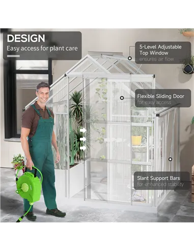 Outsunny 6 x 6ft Walk-In Greenhouse, Polycarbonate Greenhouse with Sliding Door, Window, Aluminium Frame, Foundation, Silver