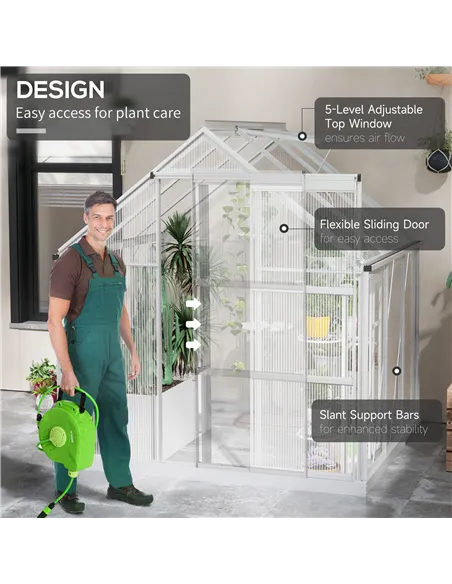 Outsunny 6 x 6ft Walk-In Greenhouse, Polycarbonate Greenhouse with Sliding Door, Window, Aluminium Frame, Foundation, Silver