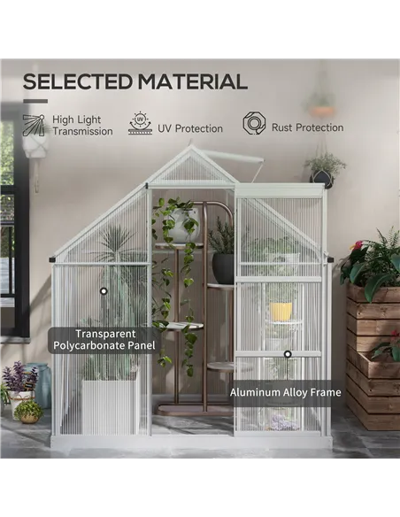 Outsunny 6 x 6ft Walk-In Greenhouse, Polycarbonate Greenhouse with Sliding Door, Window, Aluminium Frame, Foundation, Silver