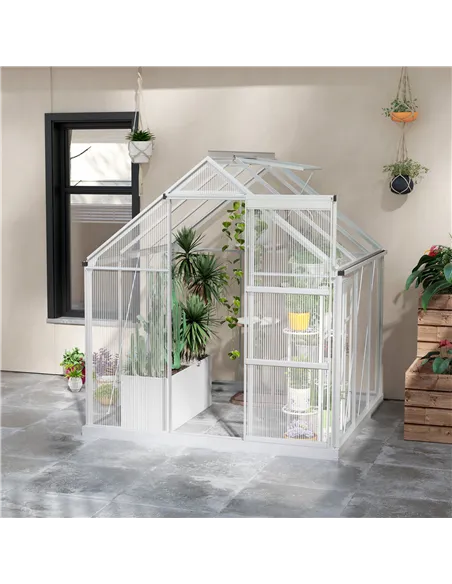 Outsunny 6 x 6ft Walk-In Greenhouse, Polycarbonate Greenhouse with Sliding Door, Window, Aluminium Frame, Foundation, Silver