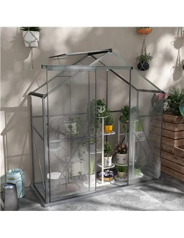 Outsunny 6 x 2.5ft Polycarbonate Greenhouse Walk-In Green House with Rain Gutter, Sliding Door, Window, Foundation, Dark Grey