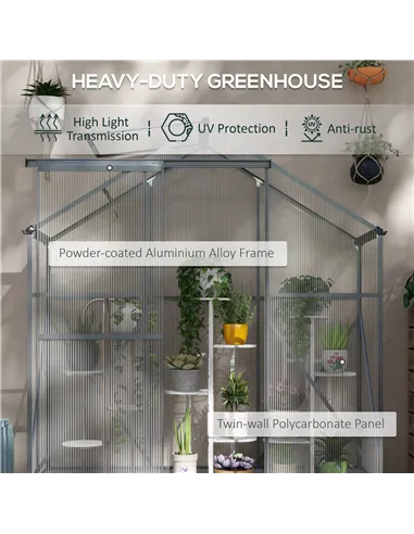 Outsunny 6 x 2.5ft Polycarbonate Greenhouse Walk-In Green House with Rain Gutter, Sliding Door, Window, Foundation, Dark Grey