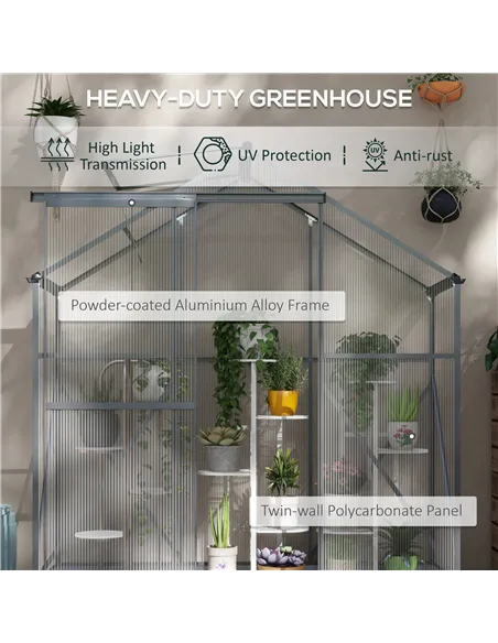 Outsunny 6 x 2.5ft Polycarbonate Greenhouse Walk-In Green House with Rain Gutter, Sliding Door, Window, Foundation, Dark Grey