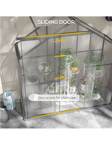 Outsunny 6 x 2.5ft Polycarbonate Greenhouse Walk-In Green House with Rain Gutter, Sliding Door, Window, Foundation, Dark Grey