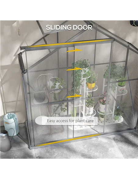 Outsunny 6 x 2.5ft Polycarbonate Greenhouse Walk-In Green House with Rain Gutter, Sliding Door, Window, Foundation, Dark Grey