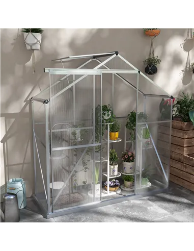Outsunny 6 x 2.5ft Polycarbonate Greenhouse Walk-In Green House with Rain Gutter, Sliding Door, Window, Foundation, Silver