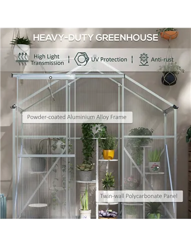 Outsunny 6 x 2.5ft Polycarbonate Greenhouse Walk-In Green House with Rain Gutter, Sliding Door, Window, Foundation, Silver