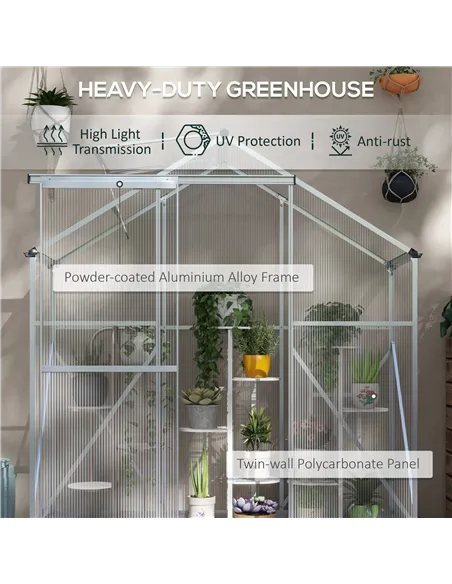 Outsunny 6 x 2.5ft Polycarbonate Greenhouse Walk-In Green House with Rain Gutter, Sliding Door, Window, Foundation, Silver