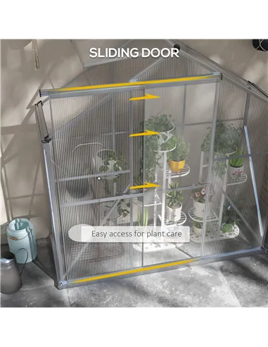 Outsunny 6 x 2.5ft Polycarbonate Greenhouse Walk-In Green House with Rain Gutter, Sliding Door, Window, Foundation, Silver