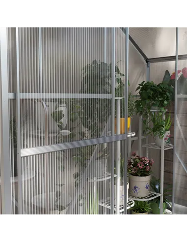 Outsunny 6 x 2.5ft Polycarbonate Greenhouse Walk-In Green House with Rain Gutter, Sliding Door, Window, Foundation, Silver