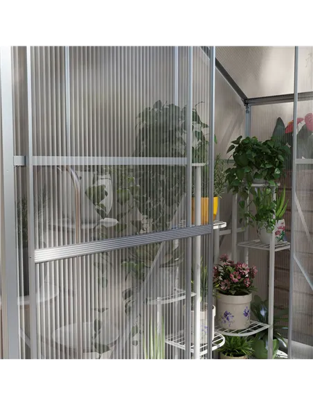 Outsunny 6 x 2.5ft Polycarbonate Greenhouse Walk-In Green House with Rain Gutter, Sliding Door, Window, Foundation, Silver