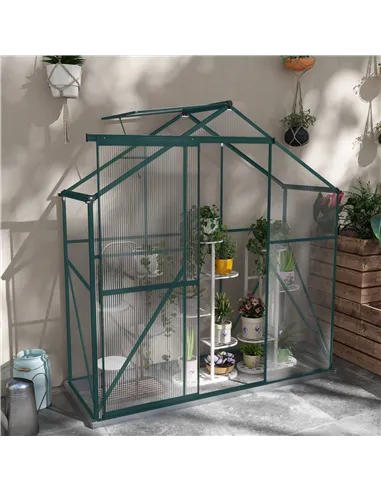 Outsunny 6 x 2.5ft Polycarbonate Greenhouse Walk-In Green House with Rain Gutter, Sliding Door, Window, Foundation, Green
