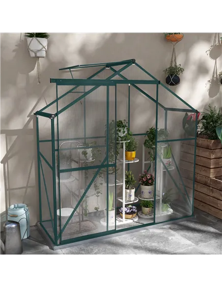 Outsunny 6 x 2.5ft Polycarbonate Greenhouse Walk-In Green House with Rain Gutter, Sliding Door, Window, Foundation, Green