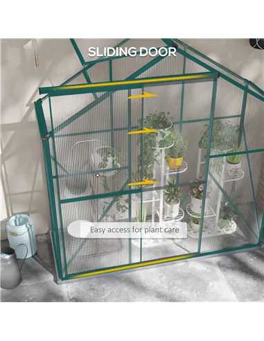Outsunny 6 x 2.5ft Polycarbonate Greenhouse Walk-In Green House with Rain Gutter, Sliding Door, Window, Foundation, Green