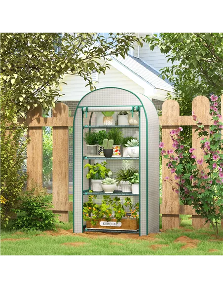 Outsunny 4 Tier Mini Greenhouse for Outdoor, Portable Gardening Plant Green House with Storage Shelf, Roll-Up Zipped Door, Metal