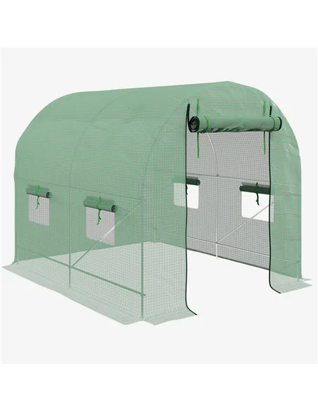 Outsunny Walk-In Garden Polytunnel Greenhouse with Steel Frame, PE Cover, Roll-Up Door and 4 Windows, 2.5 x 2m, Green