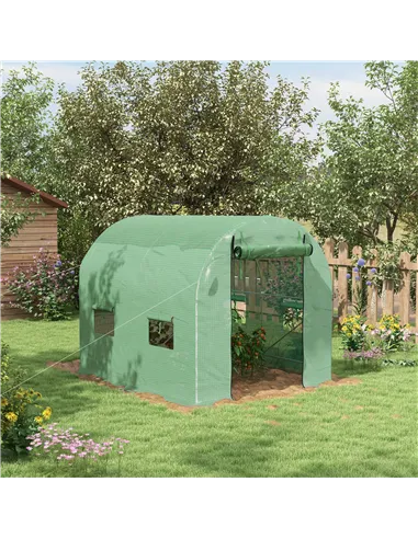 Outsunny Walk-In Garden Polytunnel Greenhouse with Steel Frame, PE Cover, Roll-Up Door and 4 Windows, 2.5 x 2m, Green