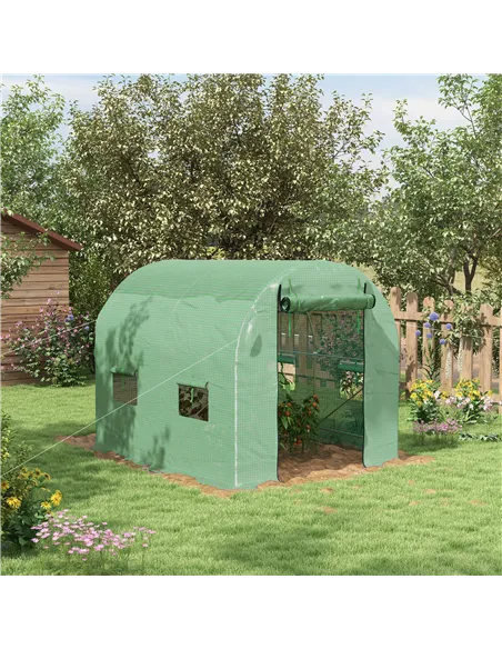 Outsunny Walk-In Garden Polytunnel Greenhouse with Steel Frame, PE Cover, Roll-Up Door and 4 Windows, 2.5 x 2m, Green