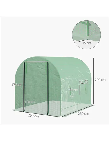 Outsunny Walk-In Garden Polytunnel Greenhouse with Steel Frame, PE Cover, Roll-Up Door and 4 Windows, 2.5 x 2m, Green