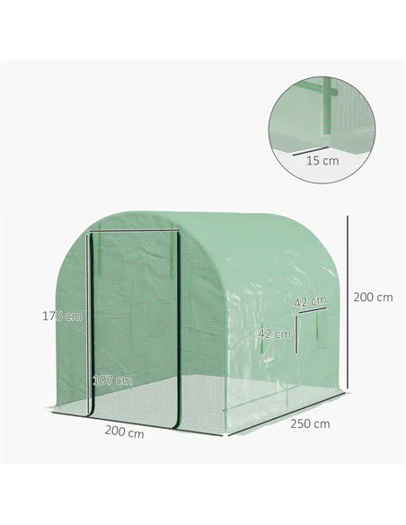 Outsunny Walk-In Garden Polytunnel Greenhouse with Steel Frame, PE Cover, Roll-Up Door and 4 Windows, 2.5 x 2m, Green