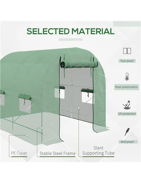Outsunny Walk-In Garden Polytunnel Greenhouse with Steel Frame, PE Cover, Roll-Up Door and 4 Windows, 2.5 x 2m, Green