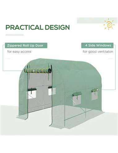 Outsunny Walk-In Garden Polytunnel Greenhouse with Steel Frame, PE Cover, Roll-Up Door and 4 Windows, 2.5 x 2m, Green