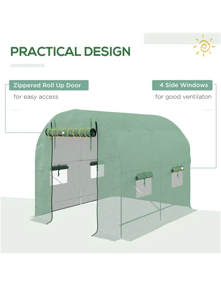 Outsunny Walk-In Garden Polytunnel Greenhouse with Steel Frame, PE Cover, Roll-Up Door and 4 Windows, 2.5 x 2m, Green