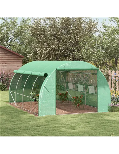 Outsunny Polytunnel Greenhouse Walk-in Grow House Tent with Roll-up Sidewalls, Zipped Door and 8 Windows, 4x3x2m Green