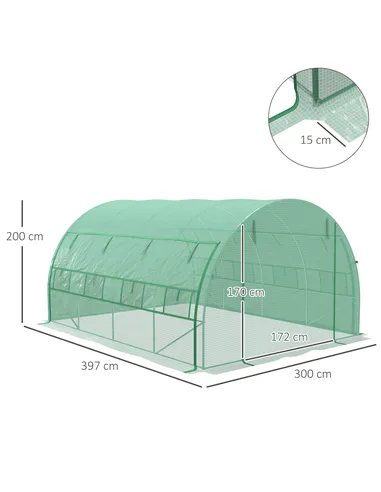 Outsunny Polytunnel Greenhouse Walk-in Grow House Tent with Roll-up Sidewalls, Zipped Door and 8 Windows, 4x3x2m Green
