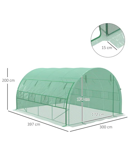 Outsunny Polytunnel Greenhouse Walk-in Grow House Tent with Roll-up Sidewalls, Zipped Door and 8 Windows, 4x3x2m Green