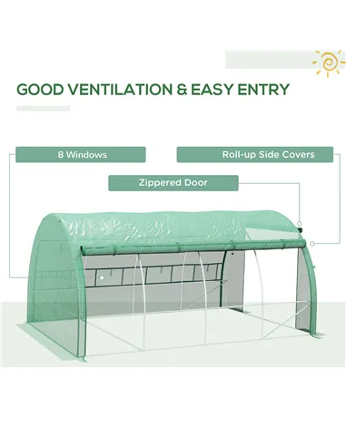 Outsunny Polytunnel Greenhouse Walk-in Grow House Tent with Roll-up Sidewalls, Zipped Door and 8 Windows, 4x3x2m Green