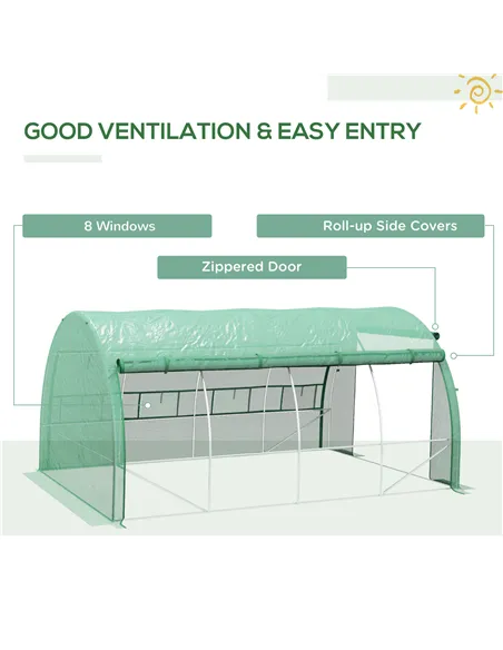 Outsunny Polytunnel Greenhouse Walk-in Grow House Tent with Roll-up Sidewalls, Zipped Door and 8 Windows, 4x3x2m Green
