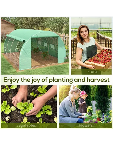 Outsunny Polytunnel Greenhouse Walk-in Grow House Tent with Roll-up Sidewalls, Zipped Door and 8 Windows, 4x3x2m Green