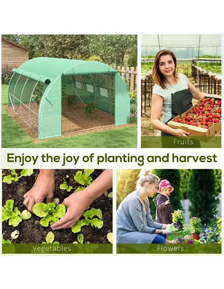 Outsunny Polytunnel Greenhouse Walk-in Grow House Tent with Roll-up Sidewalls, Zipped Door and 8 Windows, 4x3x2m Green
