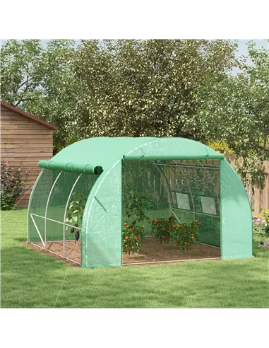 Outsunny Polytunnel Greenhouse Walk-in Grow House Tent with Roll-up Sidewalls, Zipped Door and 6 Windows, 3x3x2m Green