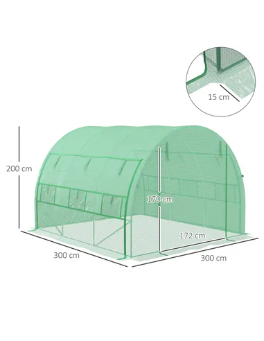 Outsunny Polytunnel Greenhouse Walk-in Grow House Tent with Roll-up Sidewalls, Zipped Door and 6 Windows, 3x3x2m Green