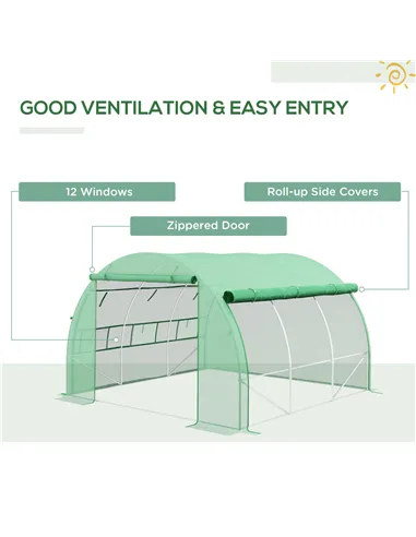 Outsunny Polytunnel Greenhouse Walk-in Grow House Tent with Roll-up Sidewalls, Zipped Door and 6 Windows, 3x3x2m Green
